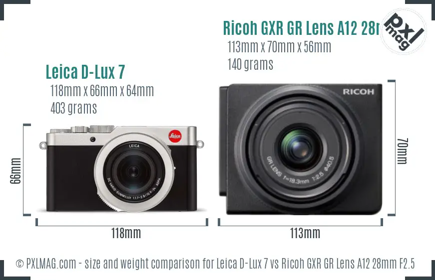 Leica D-Lux 7 vs Ricoh GXR GR Lens A12 28mm F2.5 size comparison