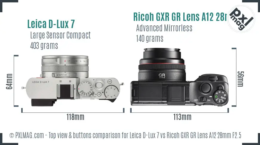 Leica D-Lux 7 vs Ricoh GXR GR Lens A12 28mm F2.5 top view buttons comparison