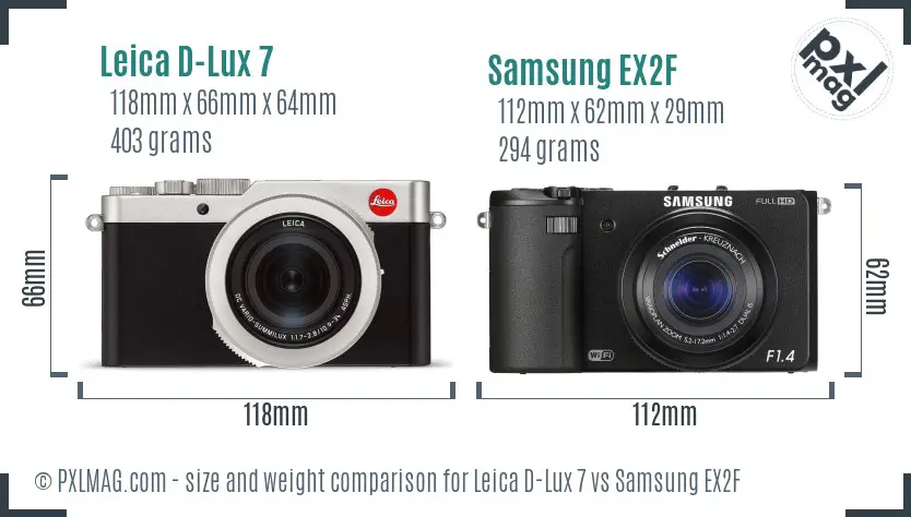 Leica D-Lux 7 vs Samsung EX2F size comparison