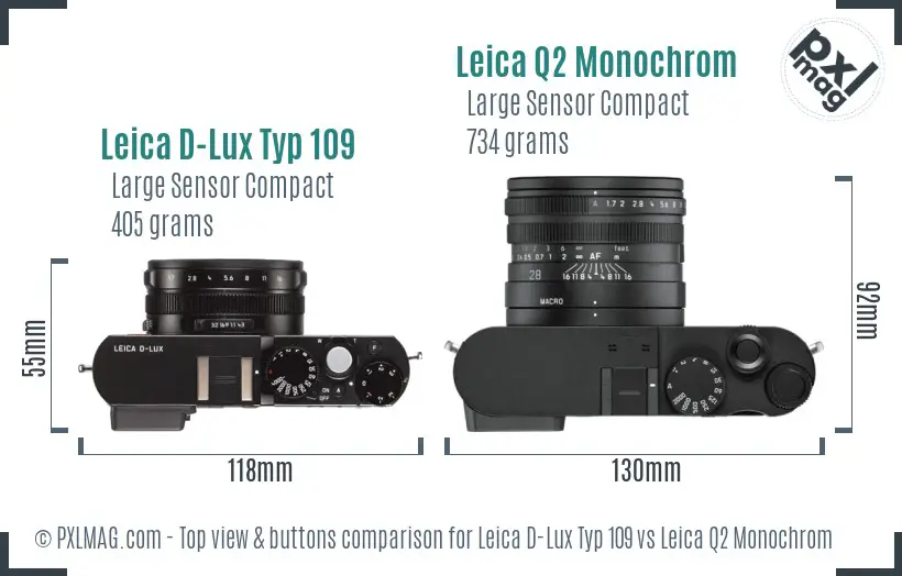 Leica D-Lux Typ 109 vs Leica Q2 Monochrom top view buttons comparison