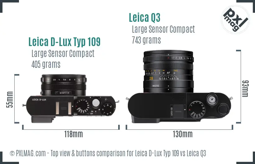 Leica D-Lux Typ 109 vs Leica Q3 top view buttons comparison