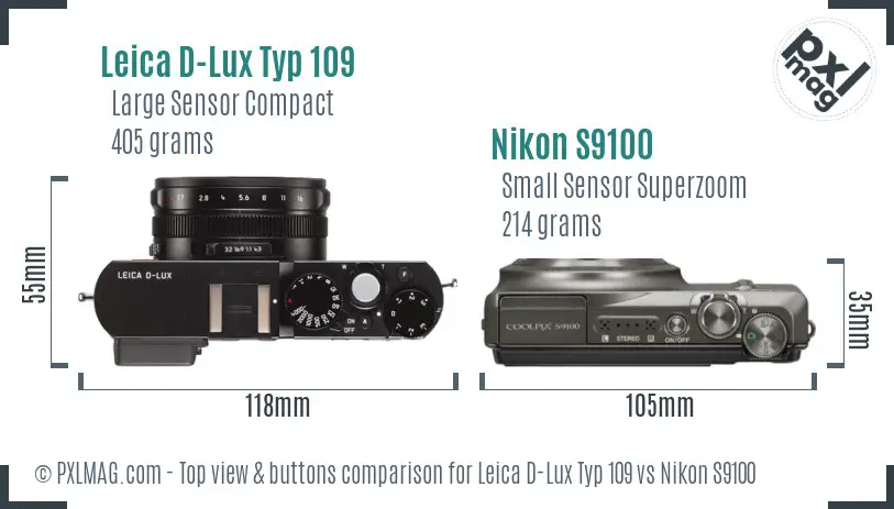Leica D-Lux Typ 109 vs Nikon S9100 top view buttons comparison