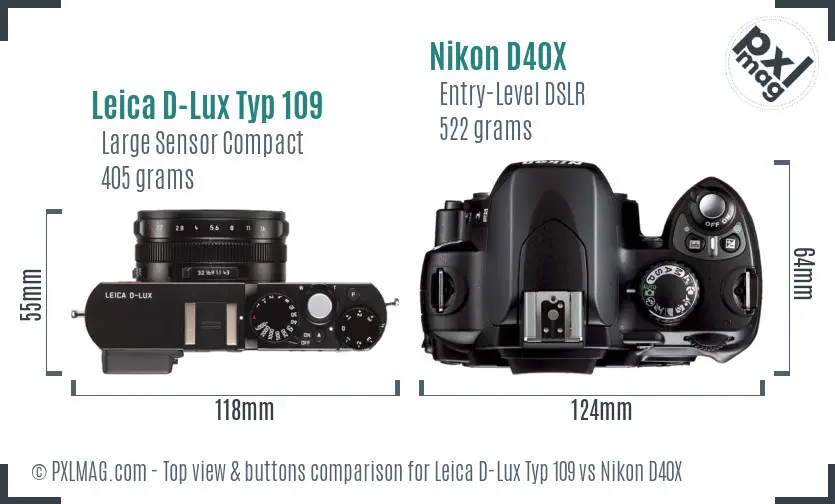 Leica D-Lux Typ 109 vs Nikon D40X top view buttons comparison