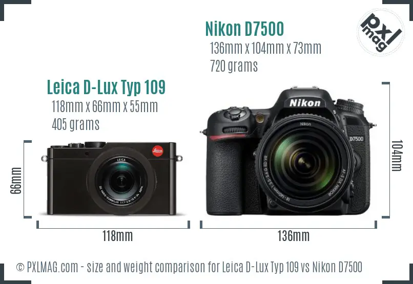 Leica D-Lux Typ 109 vs Nikon D7500 size comparison