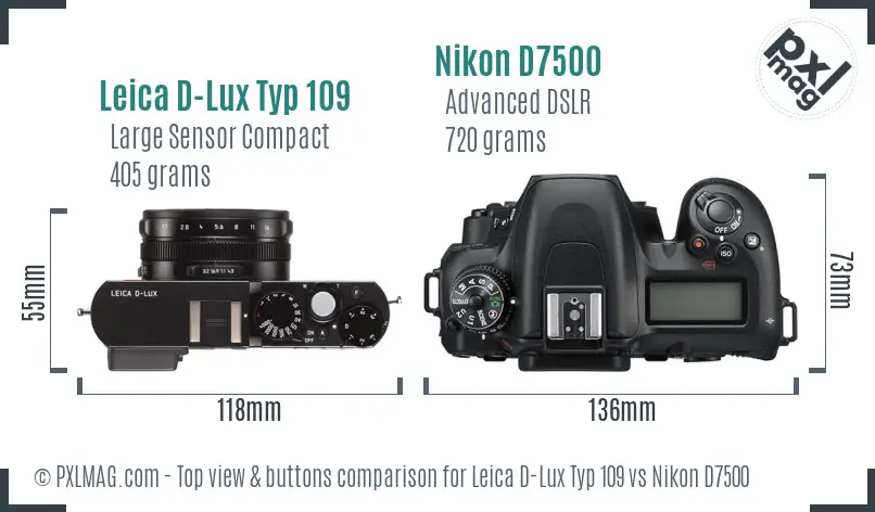 Leica D-Lux Typ 109 vs Nikon D7500 top view buttons comparison