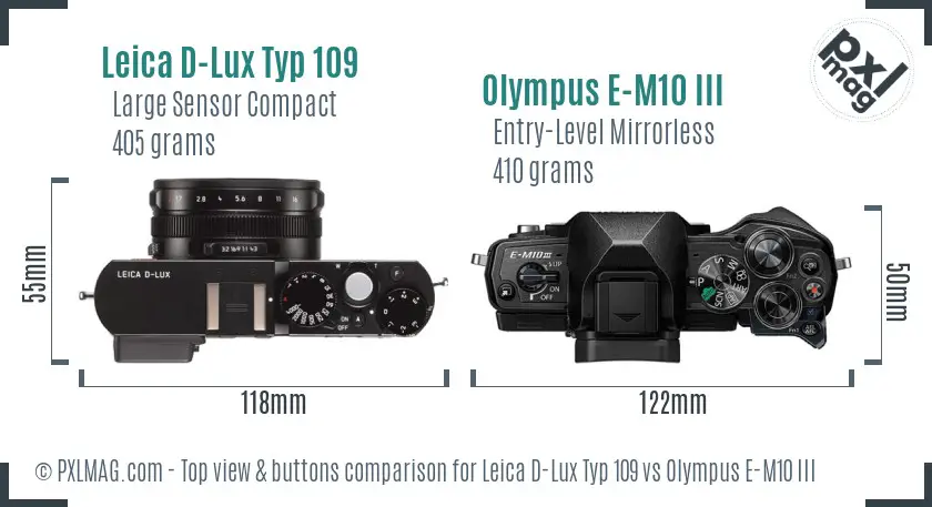 Leica D-Lux Typ 109 vs Olympus E-M10 III top view buttons comparison