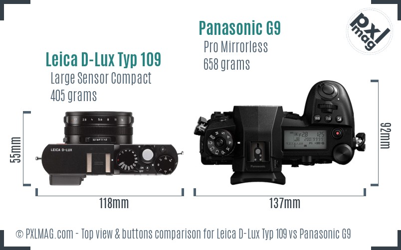 Leica D-Lux Typ 109 vs Panasonic G9 top view buttons comparison