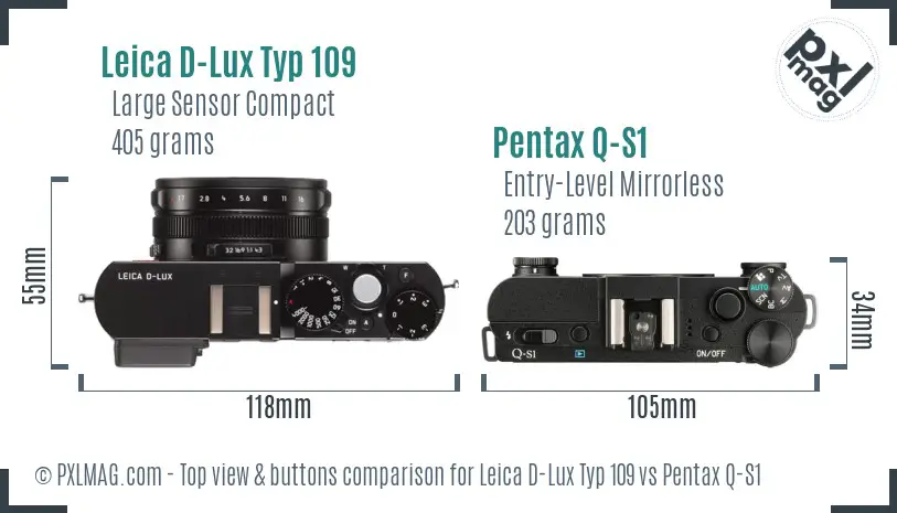 Leica D-Lux Typ 109 vs Pentax Q-S1 top view buttons comparison Leica D-Lux Typ 109 vs Pentax Q-S1 top view buttons comparison