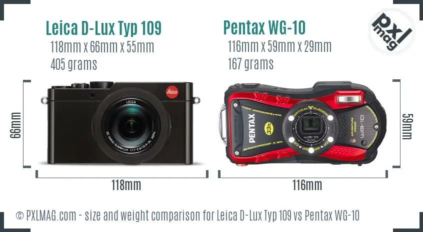 Leica D-Lux Typ 109 vs Pentax WG-10 size comparison