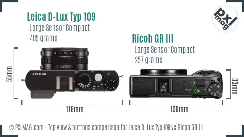 Leica D-Lux Typ 109 vs Ricoh GR III top view buttons comparison