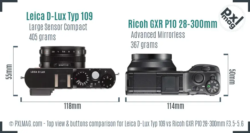 Leica D-Lux Typ 109 vs Ricoh GXR P10 28-300mm F3.5-5.6 VC top view buttons comparison