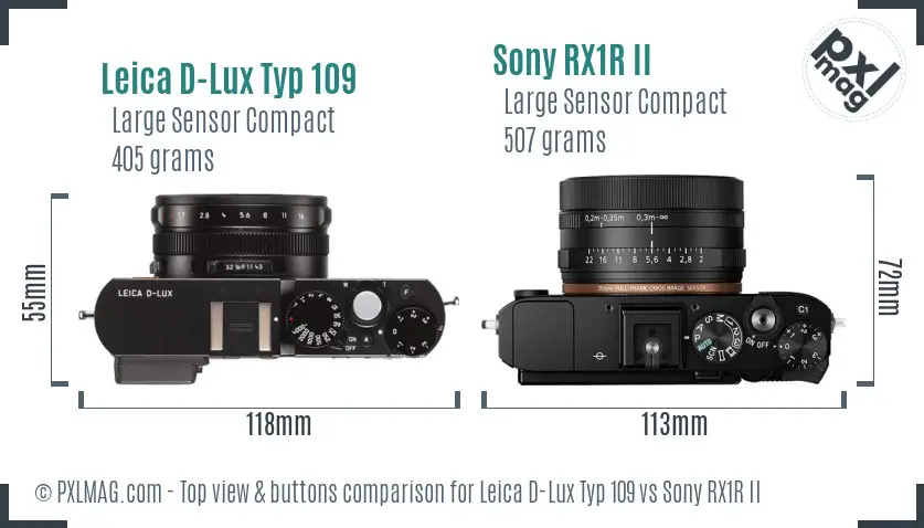 Leica D-Lux Typ 109 vs Sony RX1R II top view buttons comparison