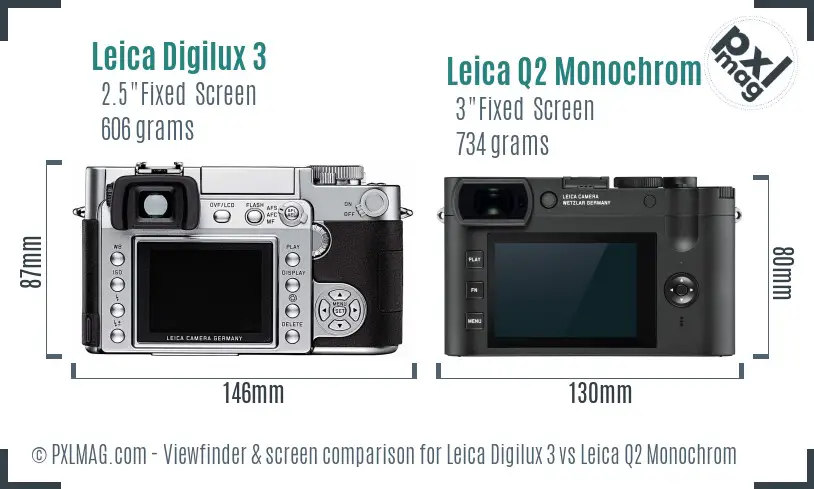Leica Digilux 3 vs Leica Q2 Monochrom Screen and Viewfinder comparison