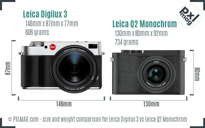 Leica Digilux 3 vs Leica Q2 Monochrom size comparison