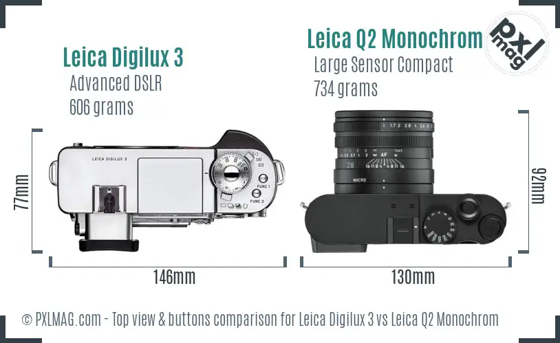 Leica Digilux 3 vs Leica Q2 Monochrom top view buttons comparison