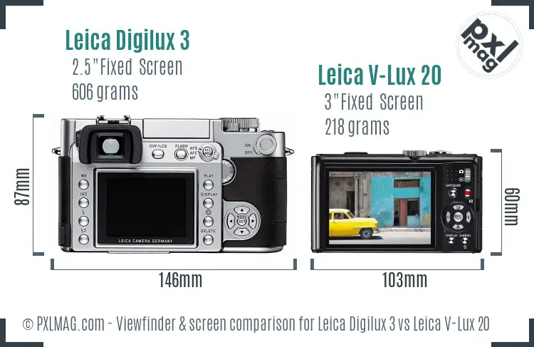 Leica Digilux 3 vs Leica V-Lux 20 Screen and Viewfinder comparison