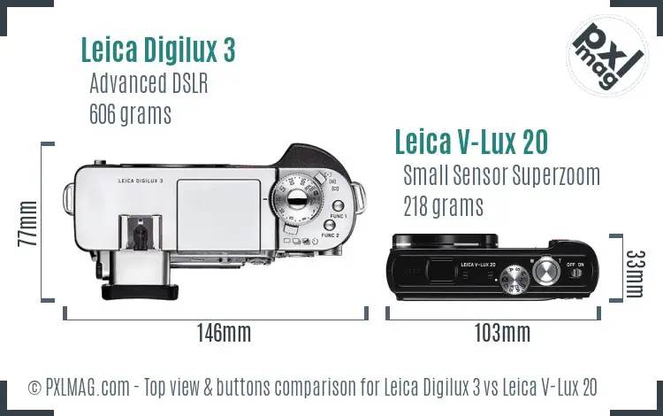 Leica Digilux 3 vs Leica V-Lux 20 top view buttons comparison