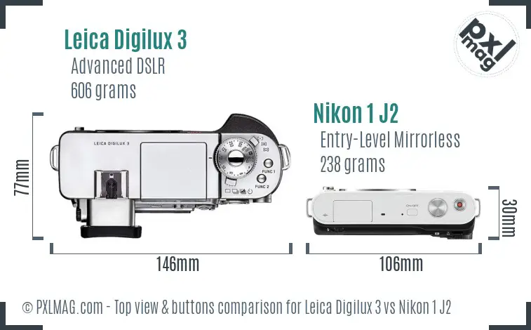 Leica Digilux 3 vs Nikon 1 J2 top view buttons comparison