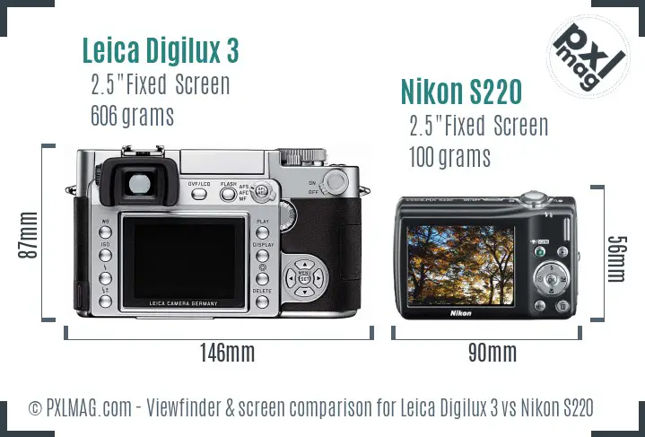Leica Digilux 3 vs Nikon S220 Screen and Viewfinder comparison