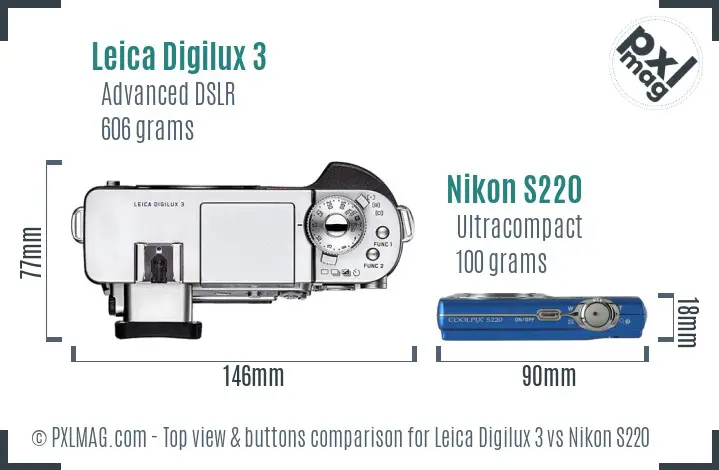 Leica Digilux 3 vs Nikon S220 top view buttons comparison
