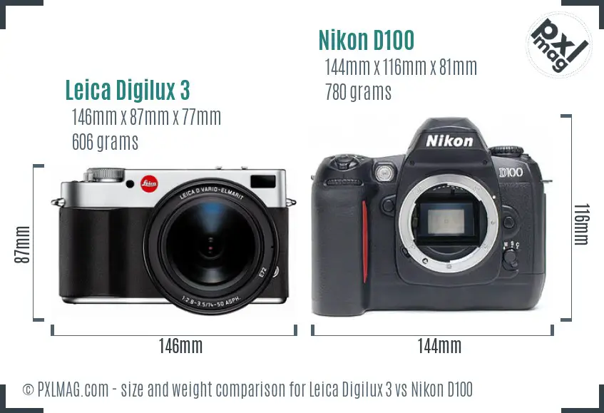 Leica Digilux 3 vs Nikon D100 size comparison