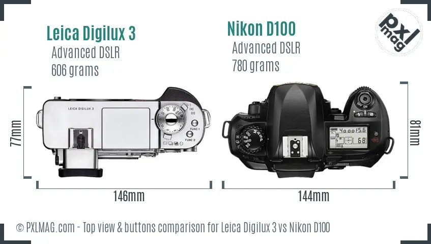 Leica Digilux 3 vs Nikon D100 top view buttons comparison