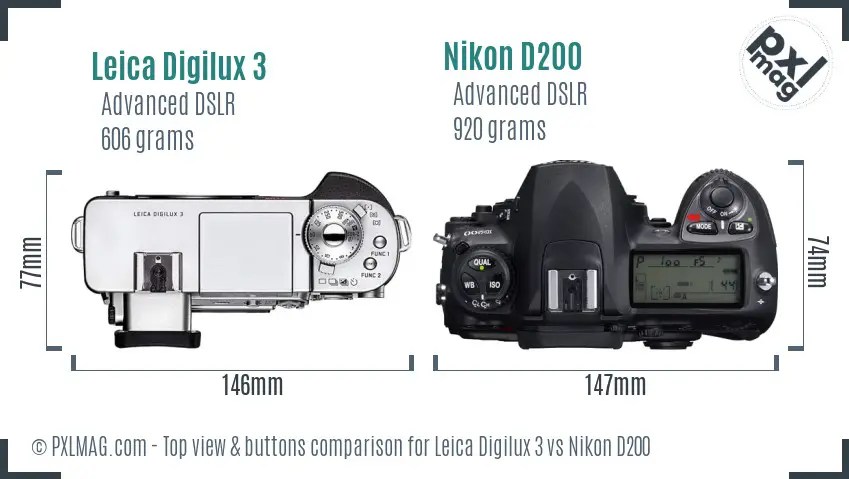 Leica Digilux 3 vs Nikon D200 top view buttons comparison Leica Digilux 3 vs Nikon D200 top view buttons comparison