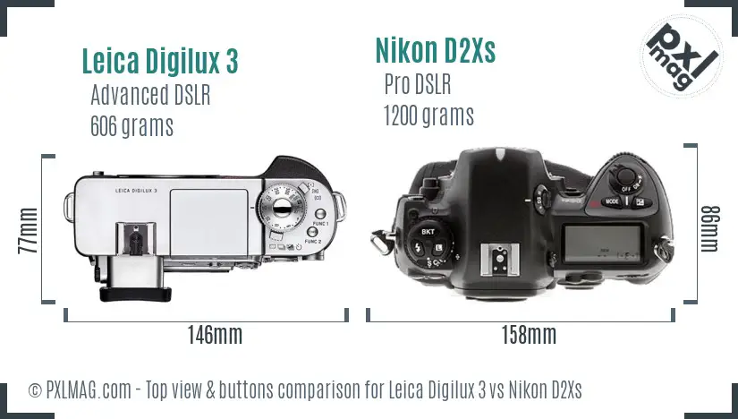 Leica Digilux 3 vs Nikon D2Xs top view buttons comparison
