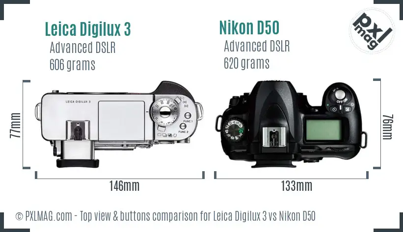 Leica Digilux 3 vs Nikon D50 top view buttons comparison