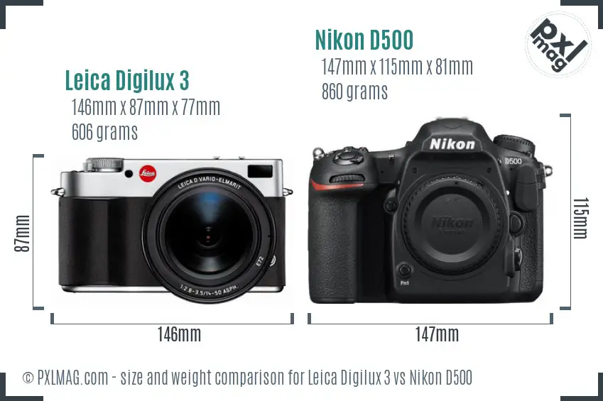 Leica Digilux 3 vs Nikon D500 size comparison