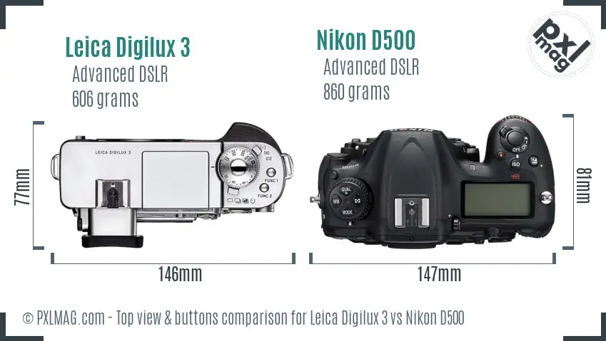 Leica Digilux 3 vs Nikon D500 top view buttons comparison