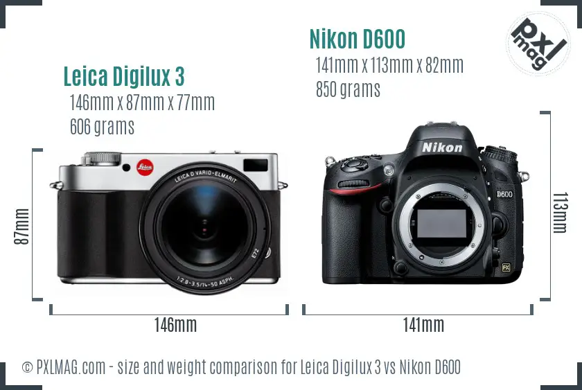 Leica Digilux 3 vs Nikon D600 size comparison