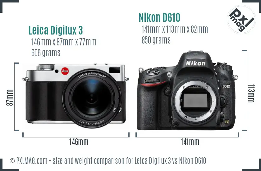 Leica Digilux 3 vs Nikon D610 size comparison