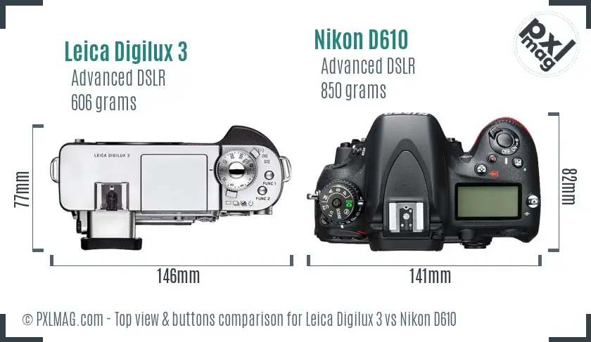 Leica Digilux 3 vs Nikon D610 top view buttons comparison