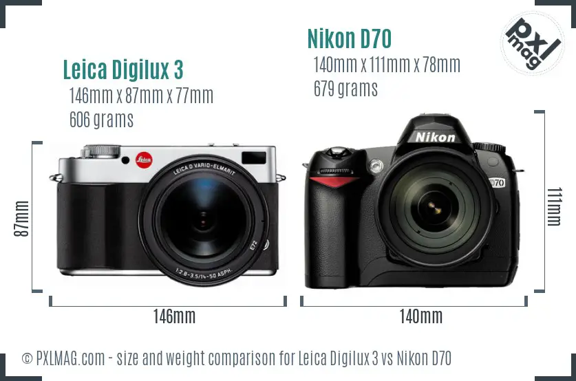 Leica Digilux 3 vs Nikon D70 size comparison