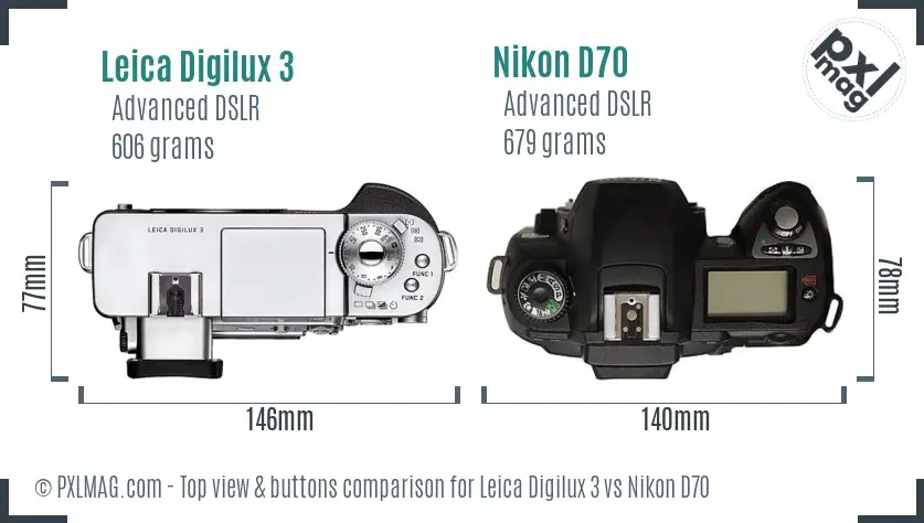 Leica Digilux 3 vs Nikon D70 top view buttons comparison