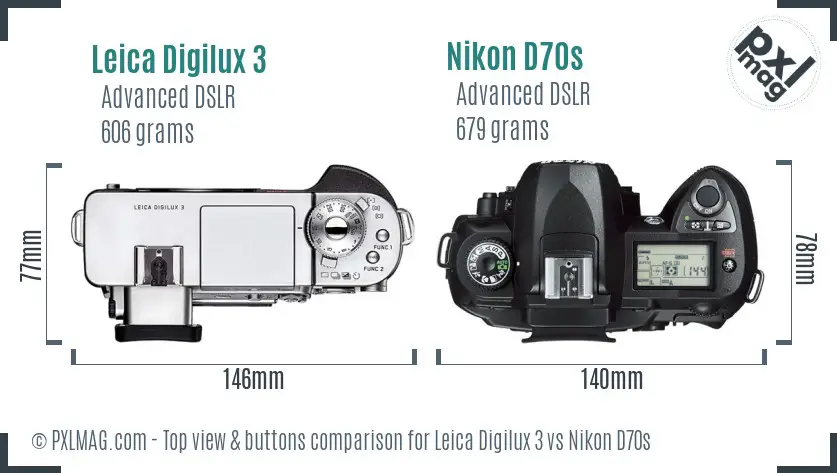 Leica Digilux 3 vs Nikon D70s top view buttons comparison