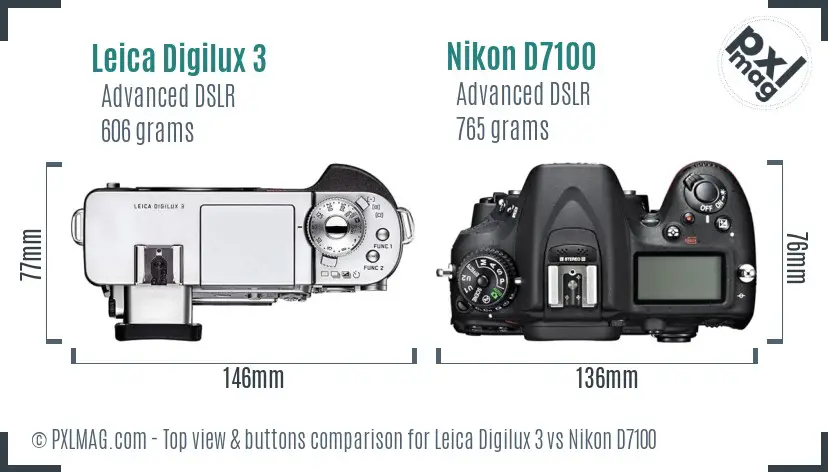 Leica Digilux 3 vs Nikon D7100 top view buttons comparison