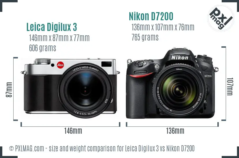 Leica Digilux 3 vs Nikon D7200 size comparison