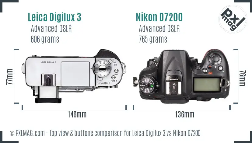 Leica Digilux 3 vs Nikon D7200 top view buttons comparison