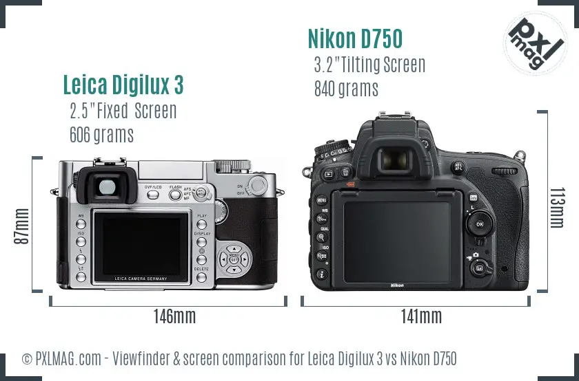 Leica Digilux 3 vs Nikon D750 Screen and Viewfinder comparison