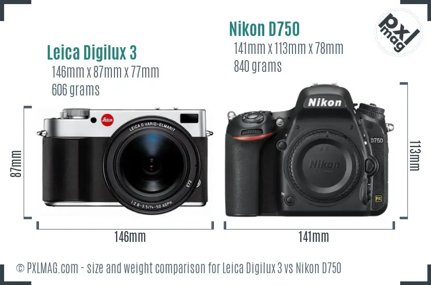 Leica Digilux 3 vs Nikon D750 size comparison