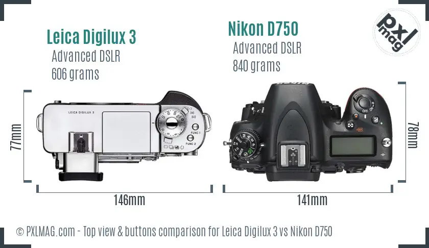 Leica Digilux 3 vs Nikon D750 top view buttons comparison