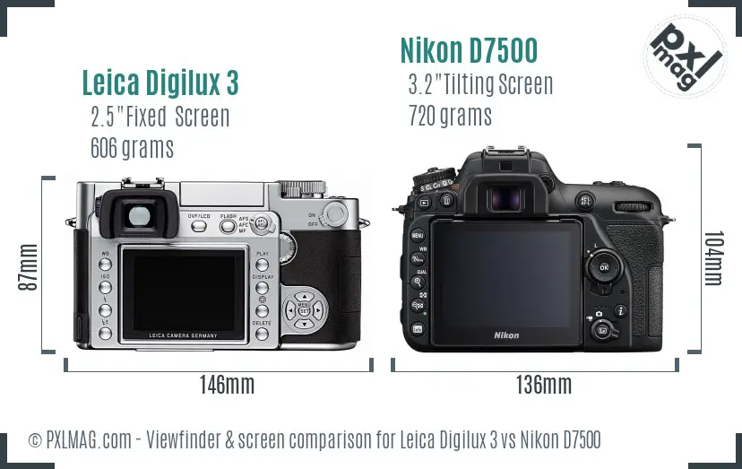 Leica Digilux 3 vs Nikon D7500 Screen and Viewfinder comparison