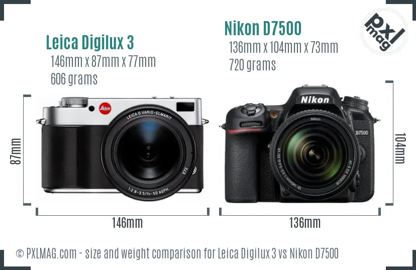 Leica Digilux 3 vs Nikon D7500 size comparison