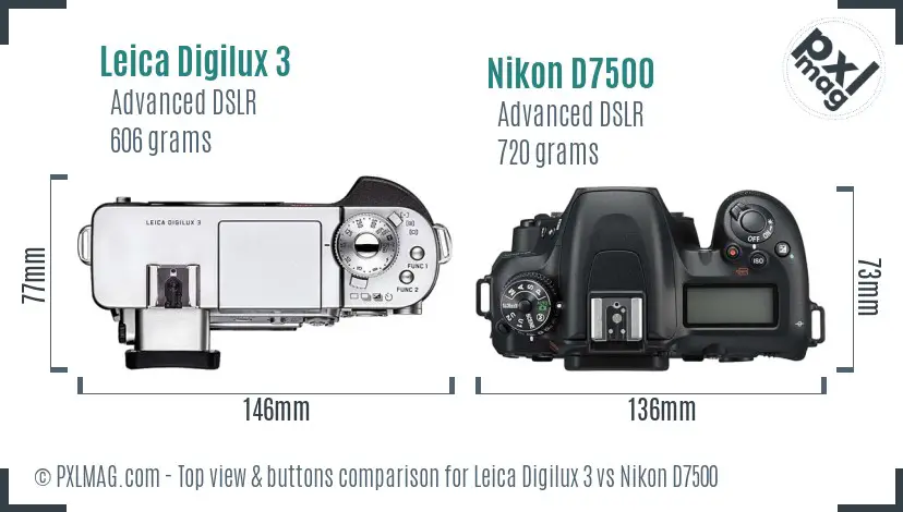 Leica Digilux 3 vs Nikon D7500 top view buttons comparison