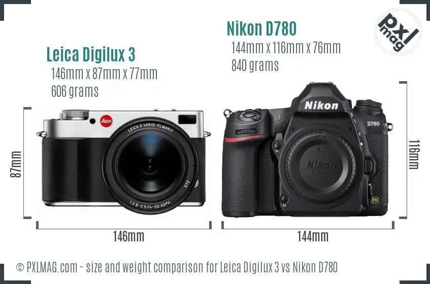 Leica Digilux 3 vs Nikon D780 size comparison