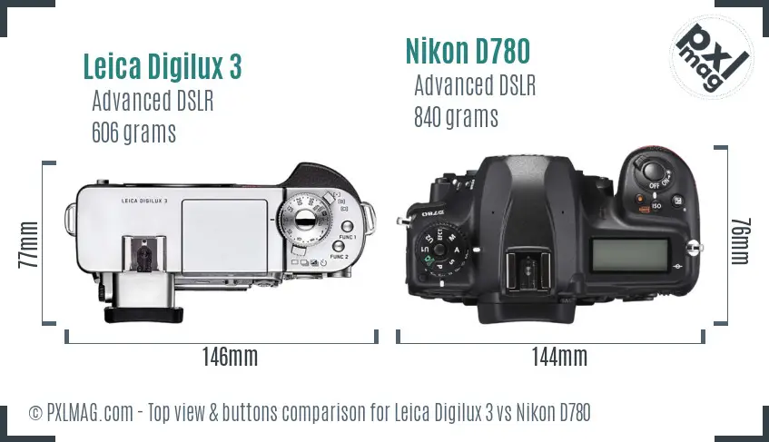 Leica Digilux 3 vs Nikon D780 top view buttons comparison
