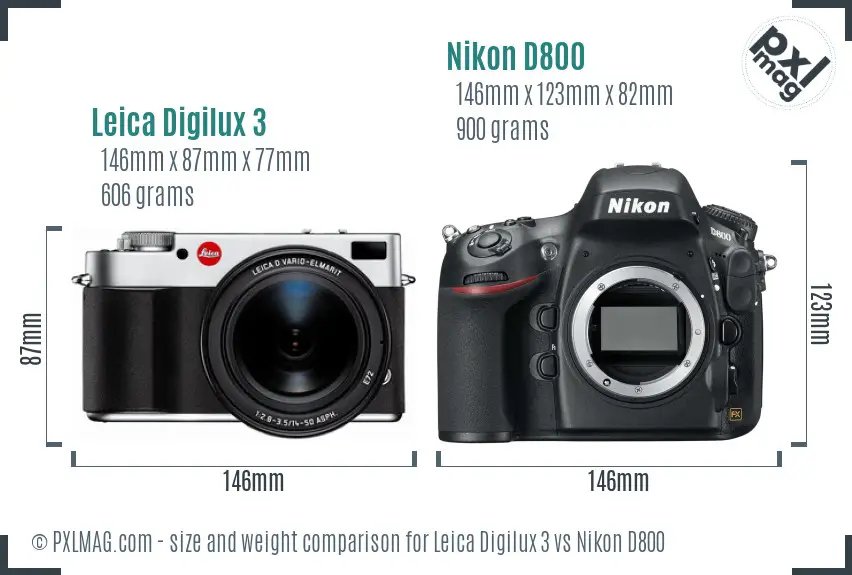 Leica Digilux 3 vs Nikon D800 size comparison