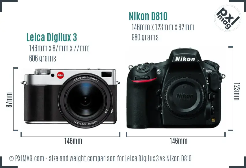 Leica Digilux 3 vs Nikon D810 size comparison